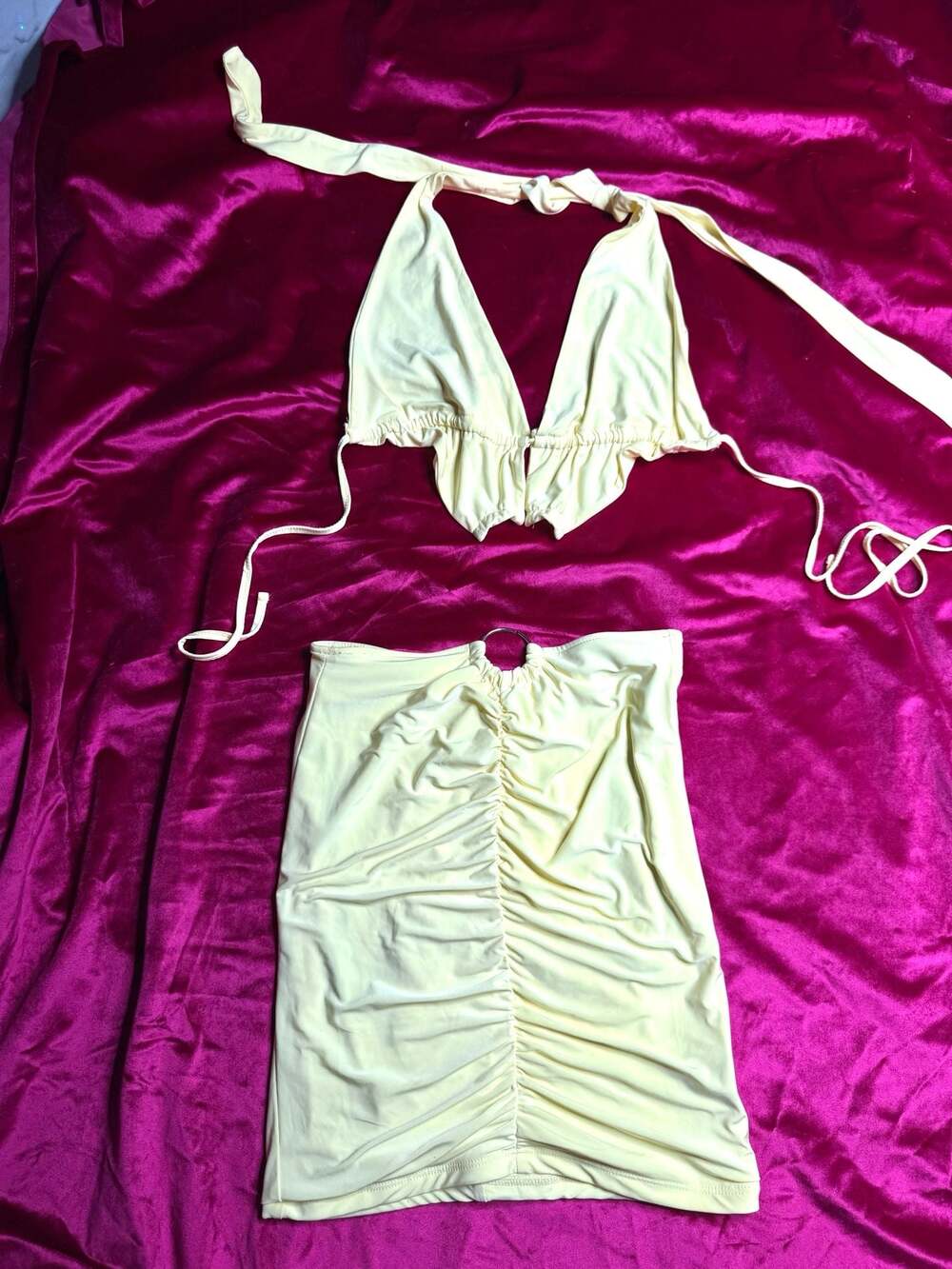 Women's Pastel Yellow Two-Piece Ruched Halter Top and O-Ring Skirt Set